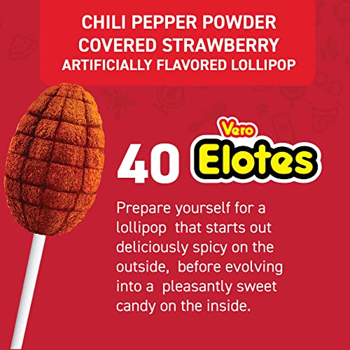 Vero Elotes Strawberry Candy Lollipops with Chili Pepper Powder  0.49 Oz  40 Count Bag