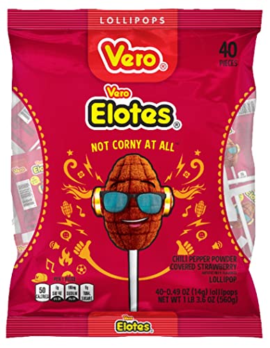 Vero Elotes Strawberry Candy Lollipops with Chili Pepper Powder  0.49 Oz  40 Count Bag